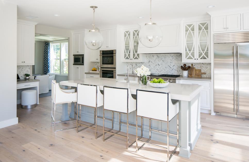 White Transitional Open Plan Kitchen With Barstools