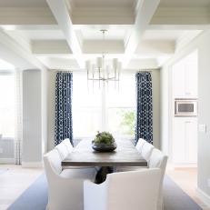Gray Transitional Dining Room With Navy Curtains