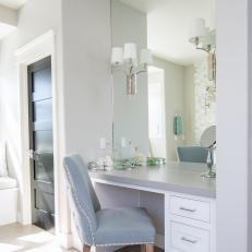 Bathroom Dressing Table With Blue Chair