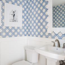 Contemporary Blue And White Bathroom With Printed Wallpaper And Pedestal Sink