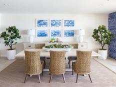 Contemporary White Dining Room With Blue Drapes
