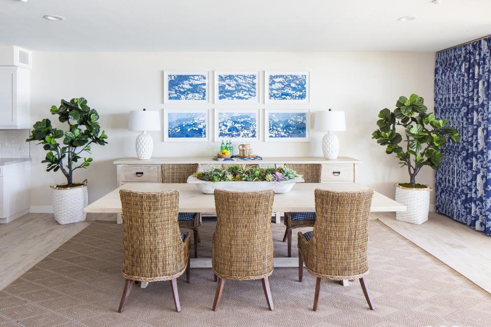 Contemporary White Dining Room With Blue Drapes