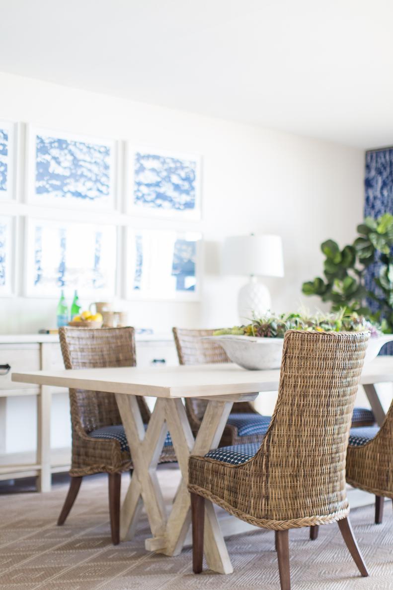 Blue And White Dining Room With Natural Woven Dining Chairs