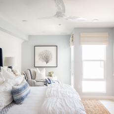 Contemporary Blue And White Bedroom With Blue Upholstered And Tufted Headboard