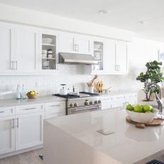 Contemporary White Galley Kitchen With Stainless Steel Appliances And Vent Hood