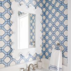 Contemporary White And Blue Wallpapered Bathroom With Pedestal Sink