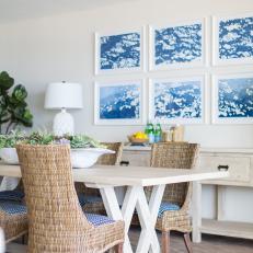 Contemporary White And Neutral Dining Room With Blue Accents