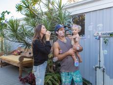 Rachel, Patrick and baby Max outside their luxe Malibu mobile home.