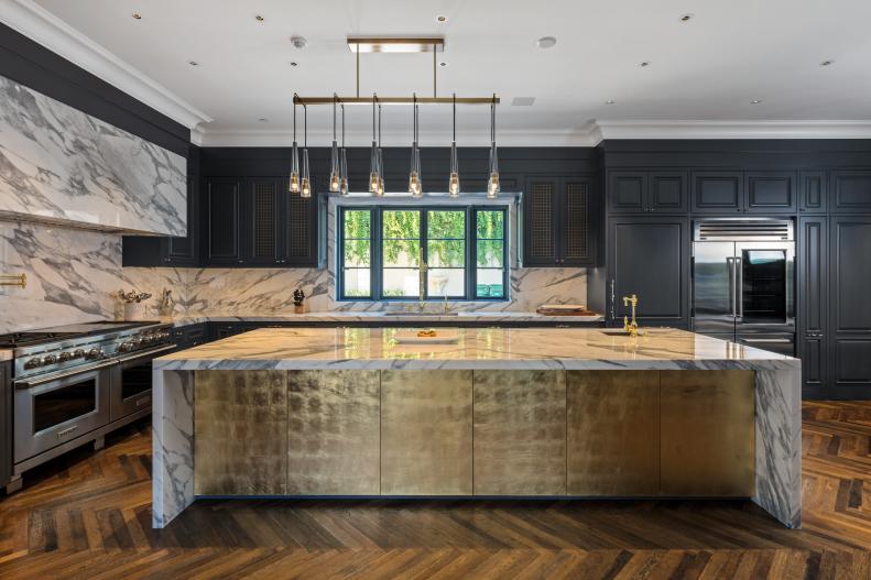contemporary kitchen with gold island