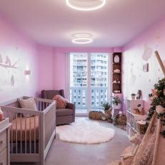 Modern Pink Condo Kid's Bedroom With White Bedding And Play Fort