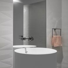 Modern White Condo Powder Room Pedestal Sink And Mirror