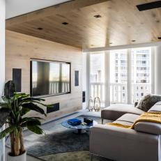 Modern Condo Living Room With Wood Wall Accents And Contemporary Furnishings