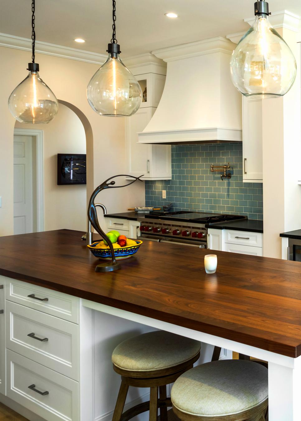 Delicate Glass Pendant Lights Add Curves to Transitional Kitchen | HGTV