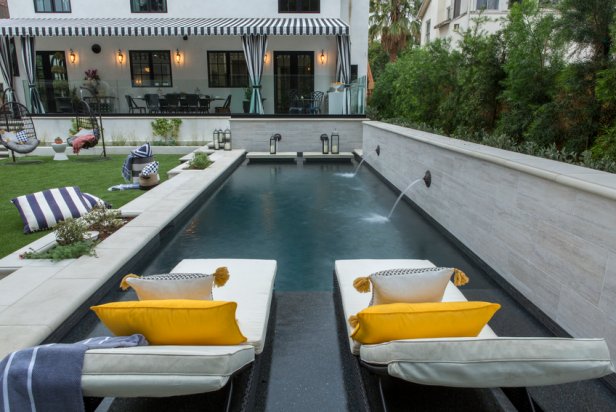 The backyard of Drew Scott and fiancé Linda Phan’s newly renovated home in Los Angeles, as seen on Property Brothers at Home: Drew’s Honeymoon House.