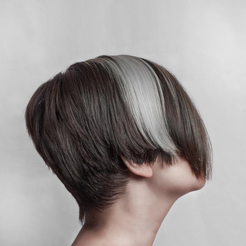 Woman with charcoal and white stripe hair color