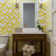 Modern and Eclectic Bath with Bold Yellow Wallpaper