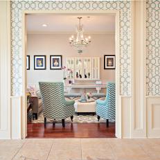 Traditional Neutral And Blue Living Room With Wallpaper