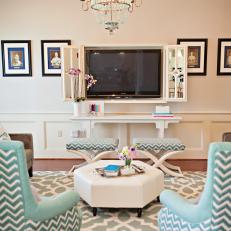Traditional Neutral Living Room With Built In TV Cabinet And Blue Printed Arm Chairs