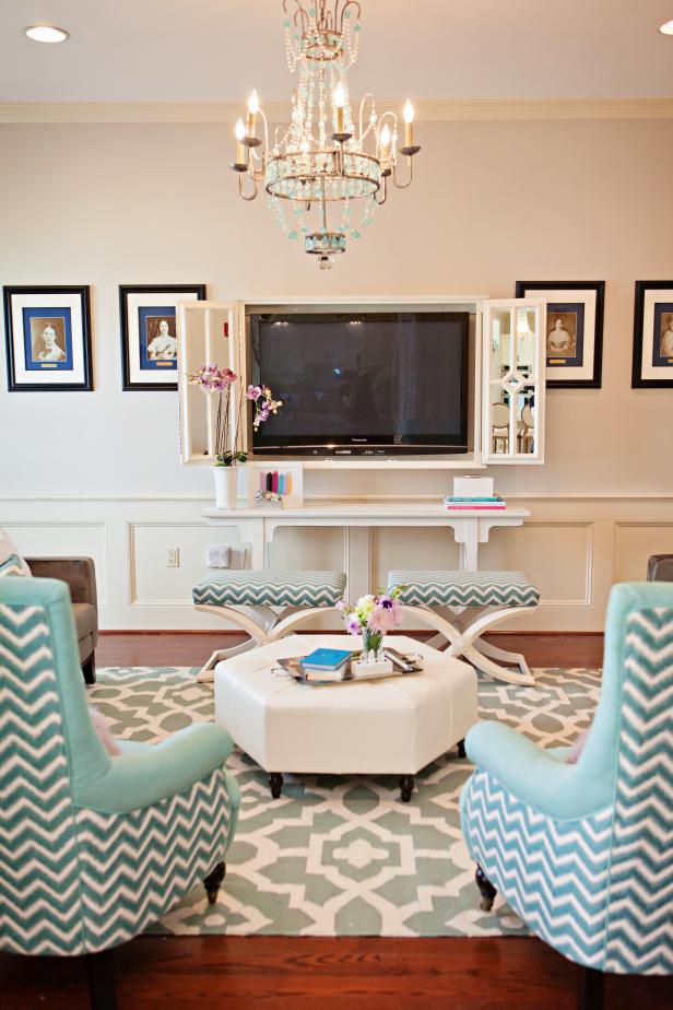 Traditional Neutral Living Room With Built In Tv Cabinet And Blue Printed Arm Chairs Hgtv
