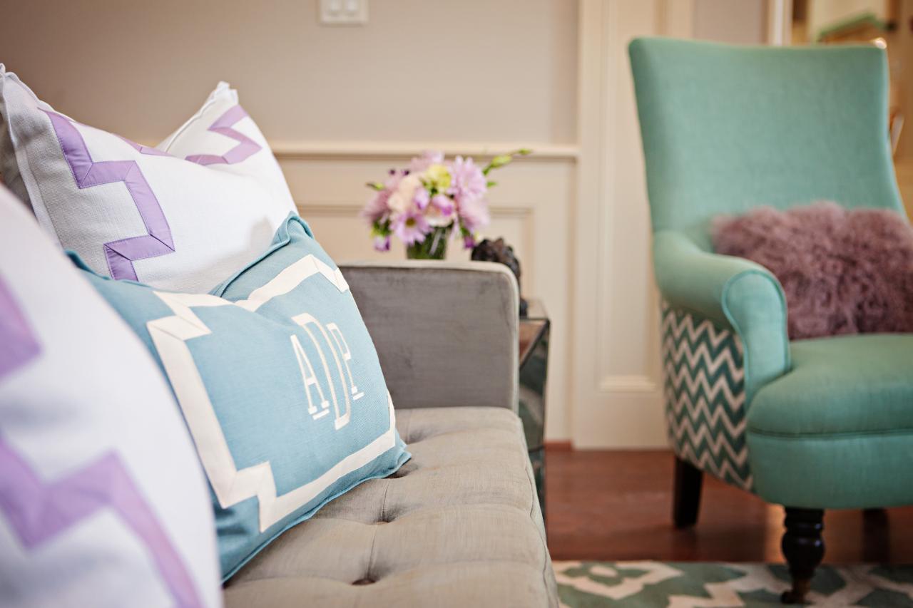 Traditional Neutral Living Room With Blue Armchair And Gray Sofa