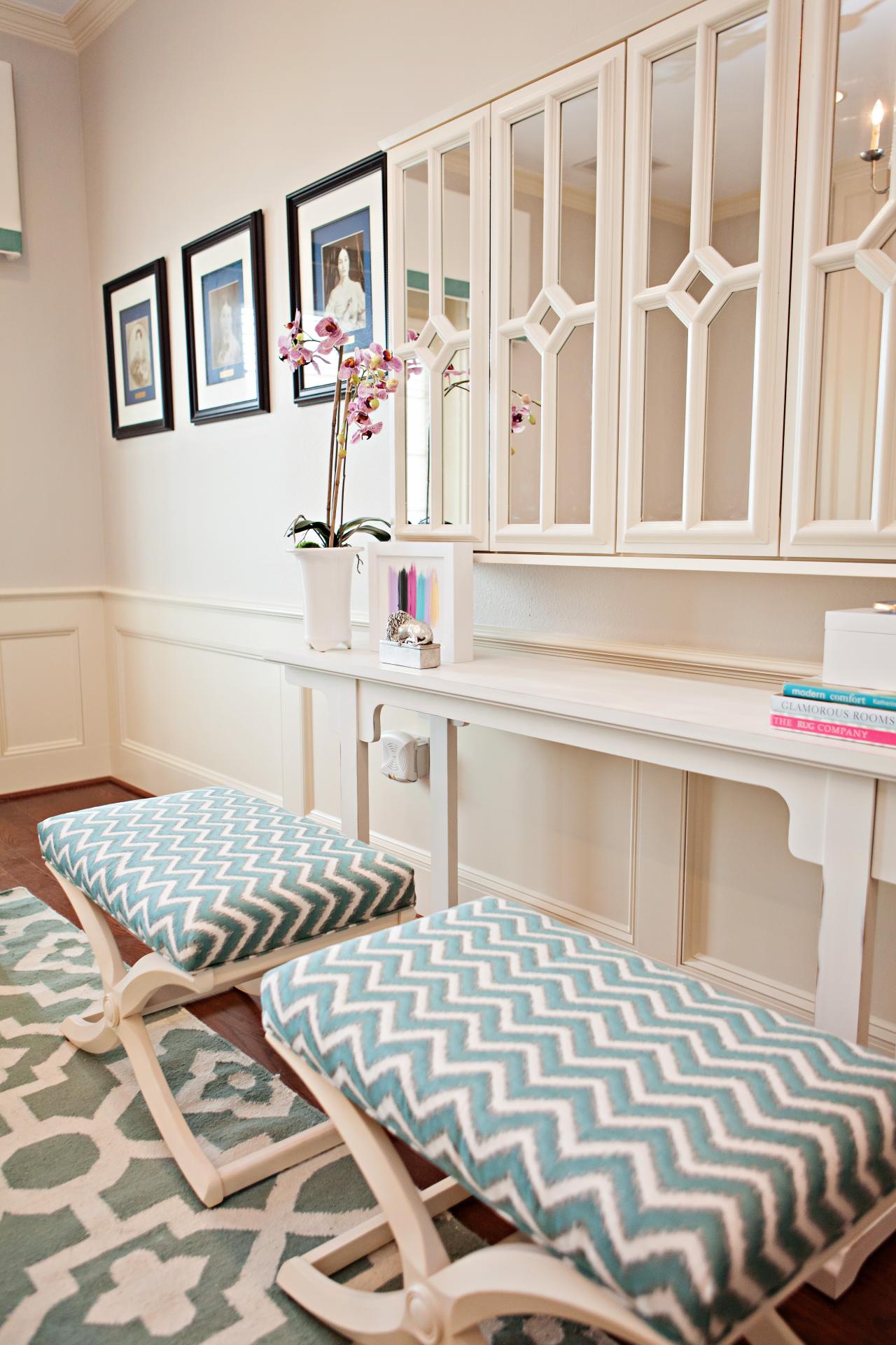 Traditional Neutral Living Room With Blue Printed Stools And Built