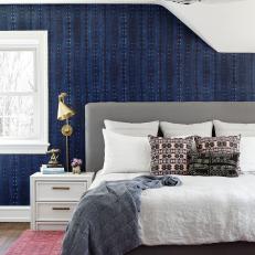 Printed Pillows, Accent Wall Add Interest to Bedroom