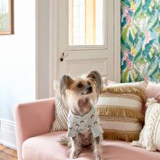 Blush Pink Sofa Complements Floral Wallpaper