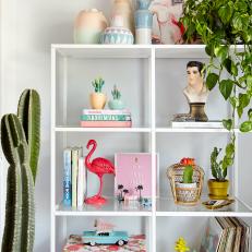 Bookcase Displays Elvis Bust, Flamingo and Records