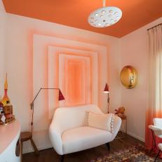 Modern Living Room With Orange Accent Walls And Ceiling