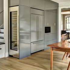 Sleek Silver Wall Houses Refrigerator, Wine Cooler