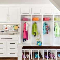 White Mudroom With Rainbow Baskets