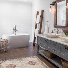 Neutral Cottage Spa Bathroom With Rustic Ladder