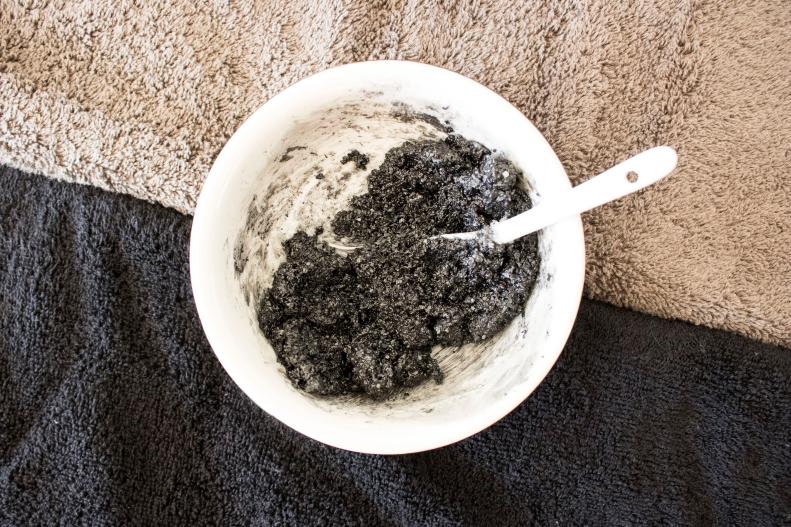 Activated charcoal salt scrub for the shower.