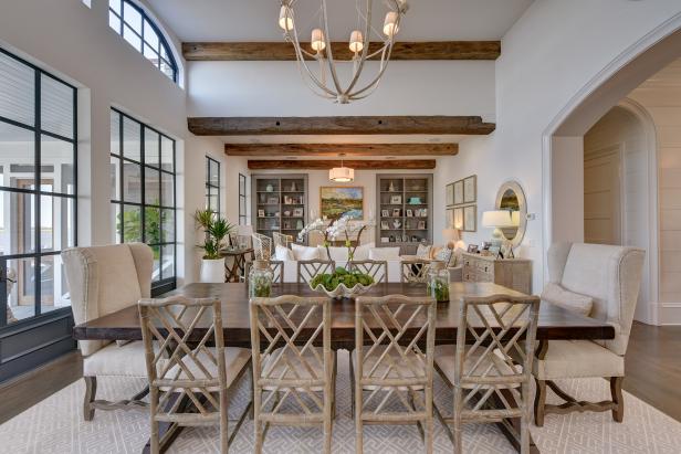 Coastal Open Plan Dining Room With Exposed Beams | HGTV