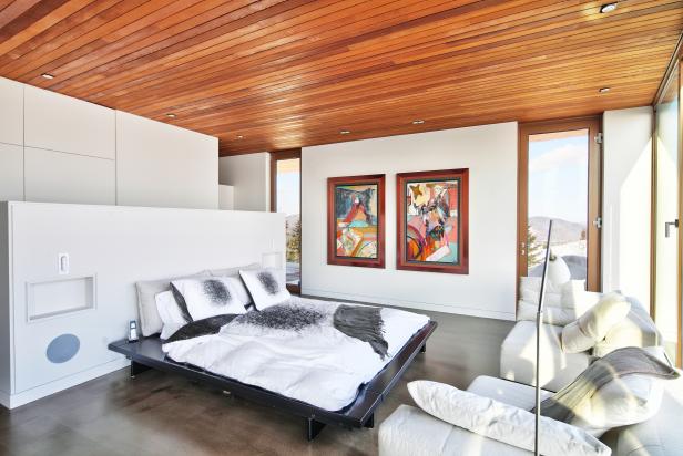 Modern Bedroom With Wood Paneled Ceiling Hgtv