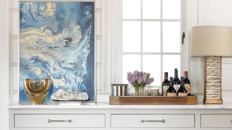 Transitional Bar off the Kitchen with Modern Art, Tray and Geode