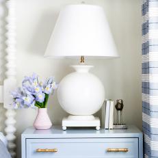Blue Nightstand With Lamp, Brass Hardware