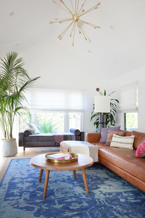 contemporary living room with blue rug