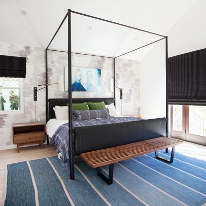 Striped Blue Rug Softens Main Suite