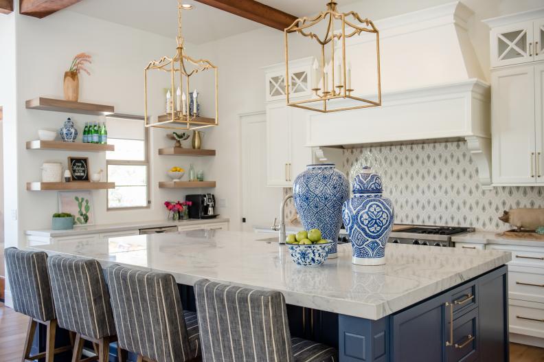contemporary kitchen with gold pendant lights