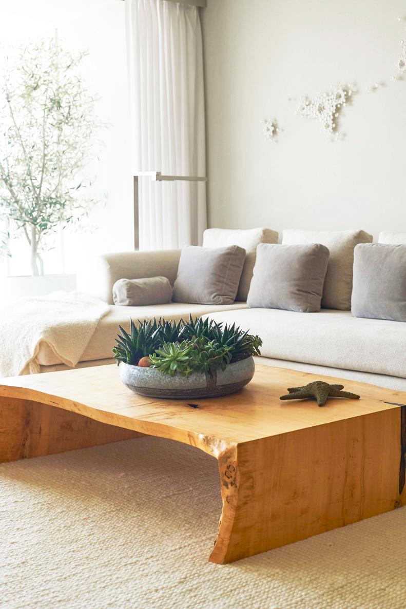 coastal living room with wood coffee table