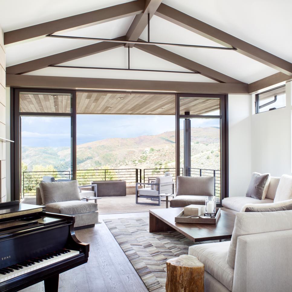 contemporary living room with mountain views