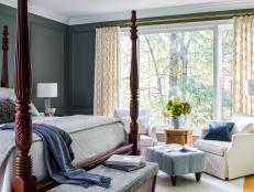 transitional green master bedroom