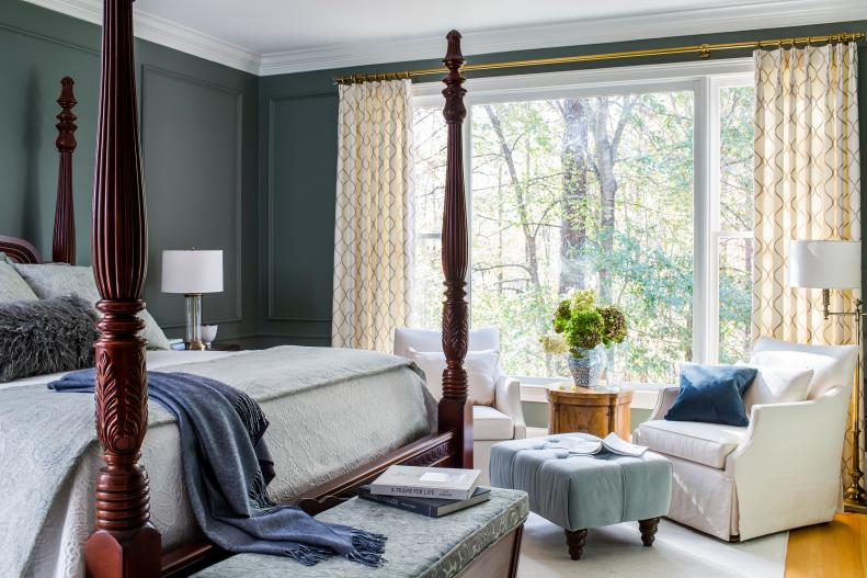 transitional green master bedroom