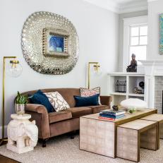 Buddha Statue & Elephant Side Table in Eclectic Family Room