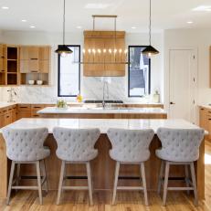 Tufted Barstools Create Eat-In Counter in Kitchen