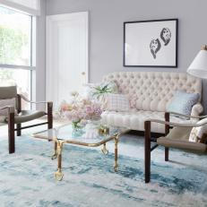 Eclectic Living Room Pairs Tufted Pink Sofa, Blue Area Rug