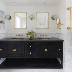Primary Bathroom With Dramatic Black-and-Gold Vanity