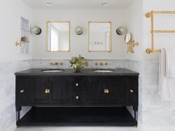 contemporary master bathroom with black vanity