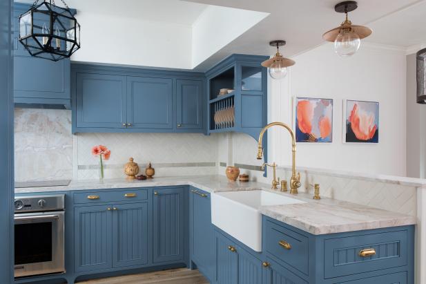 contemporary kitchen with blue cabinets